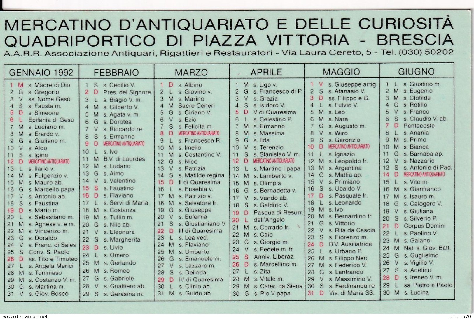 Calendarietto - Mercatino D'antiquariato E Delle Curiosità - Brescia - Anno 1992 - Petit Format : 1991-00