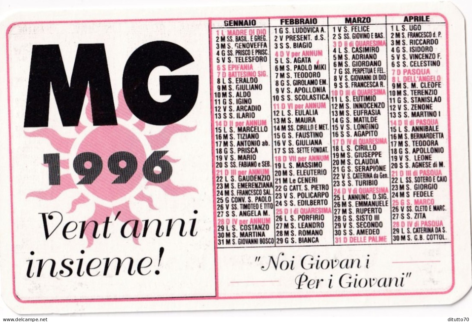 Calendarietto - MG - Radio Giovani 96-600 Mhz - Anno 1996 - Petit Format : 1991-00