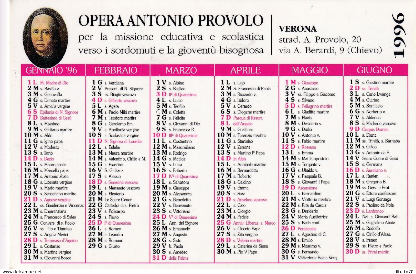 Calendarietto - Opera Antonio Provolo - Chievo - Verona - Anno 1996 - Petit Format : 1991-00