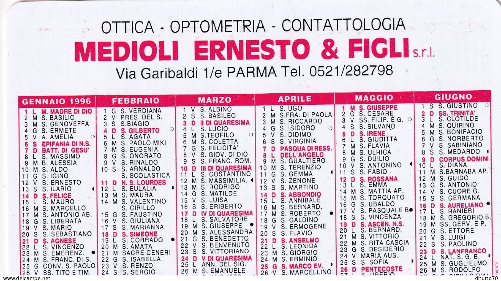 Calendarietto - Ottica - Medioli Ernesto E Figli - Parma - Anno 1996 - Petit Format : 1991-00