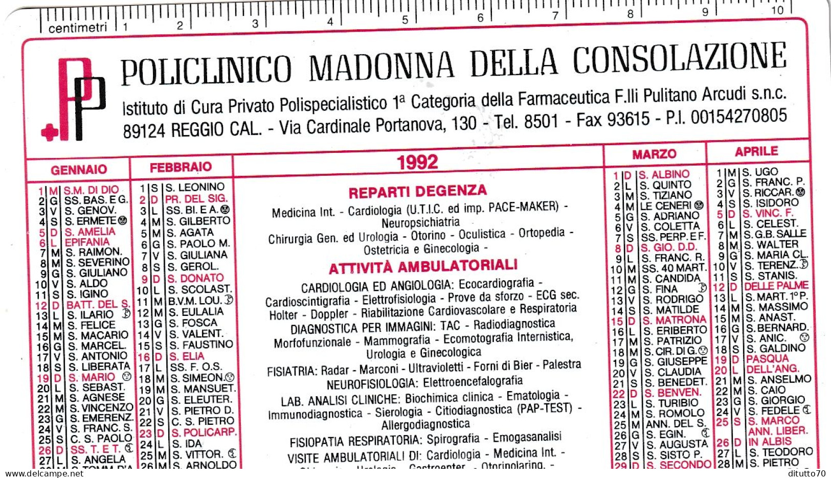 Calendarietto - Policlinico Madonna Della Consolazione - Reggio Calabria - Anno 1992 - Petit Format : 1991-00