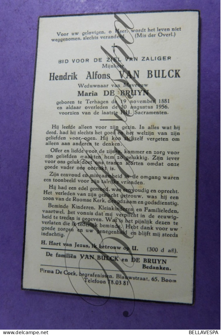 Hendrik VAN BULCK Echt M.DE BRUYN Terhagen 1881 -1956 - Todesanzeige