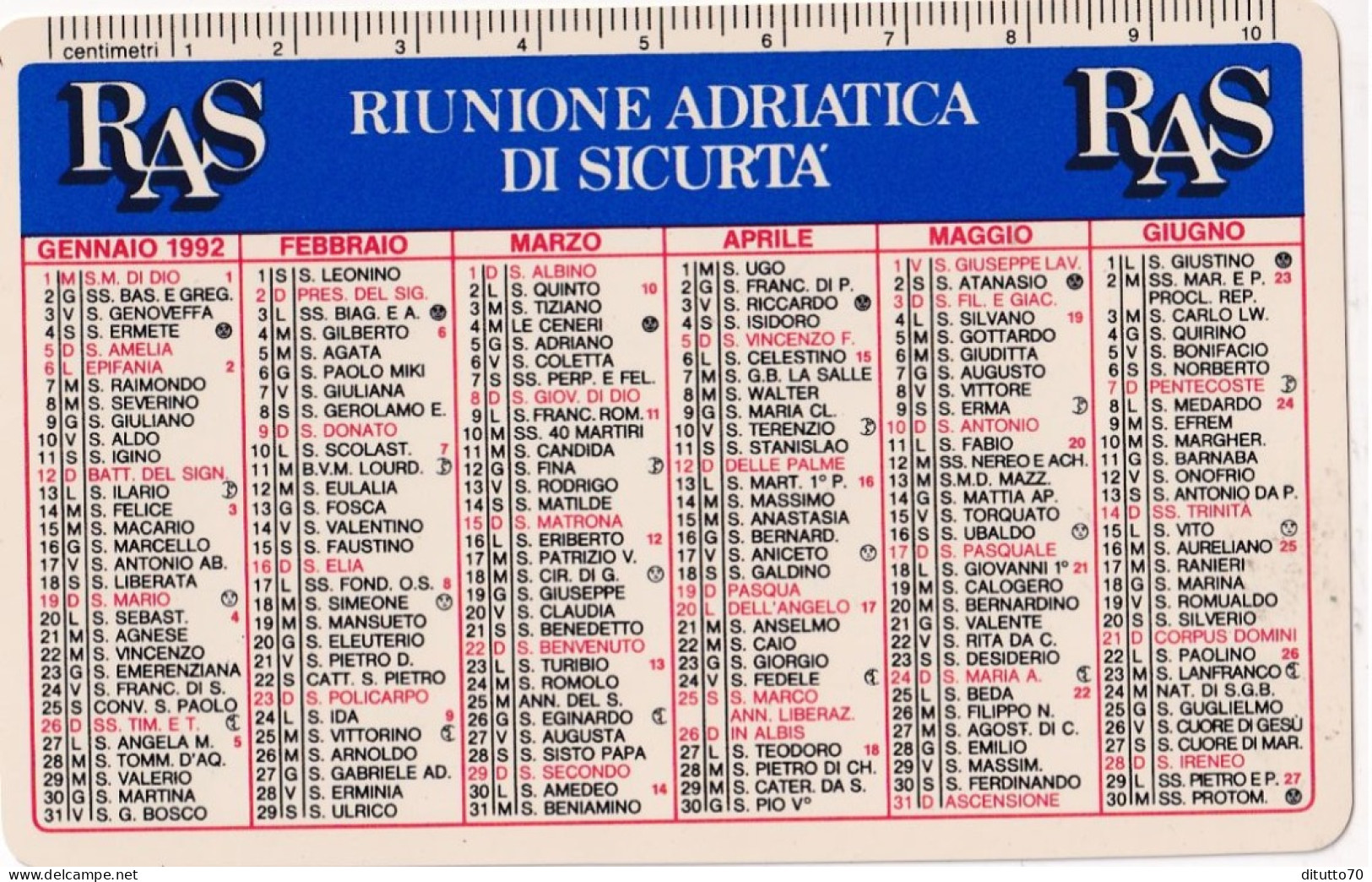 Calendarietto - RAS - Riunione Adriatica Di Sicurtà - Anno 1992 - Formato Piccolo : 1991-00