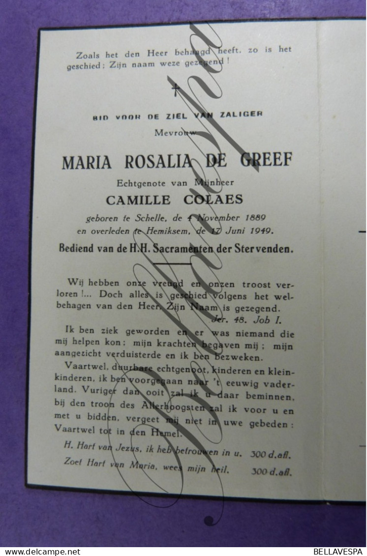 Maria DE GREEF Echt Camille COLAES Schell 1889 Hemiksem 1949 - Avvisi Di Necrologio