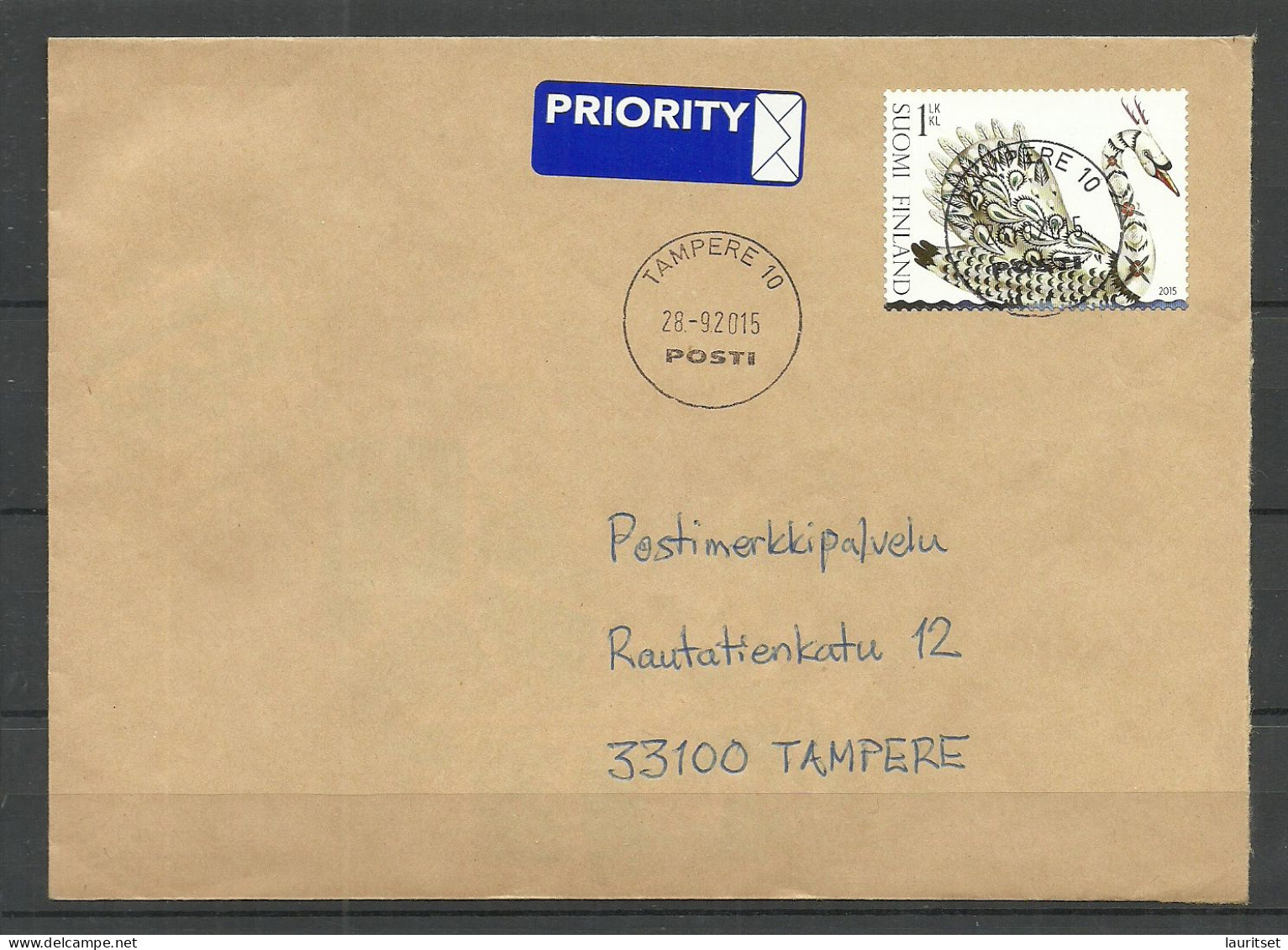 FINLAND 2015 O TAMPERE Local Cover Golden Swan As Single - Storia Postale