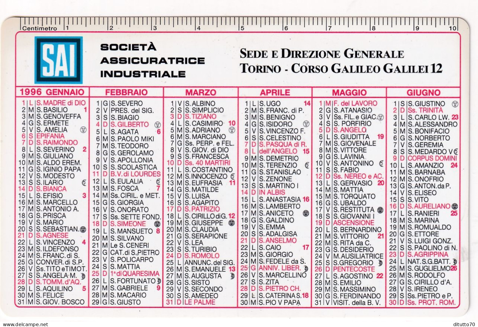 Calendarietto - SAI - Società Assicuratrice Industriale - Torino - Anno 1996 - Petit Format : 1991-00