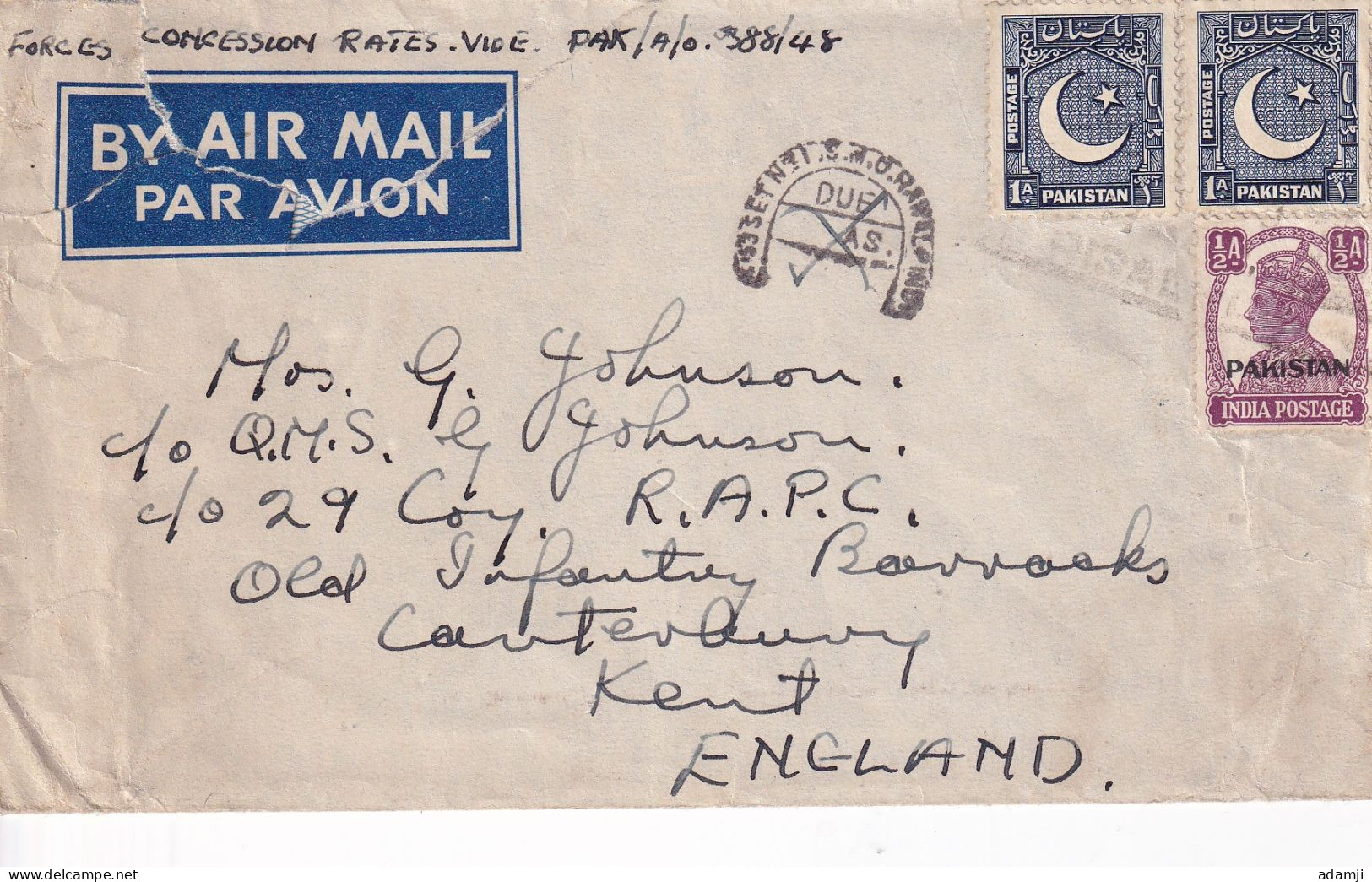 PAKISTAN 1948 PROVINCIAL HANDSTAMP FORCES MAIL RAWALPINDI TO ENGLAND. - Pakistan