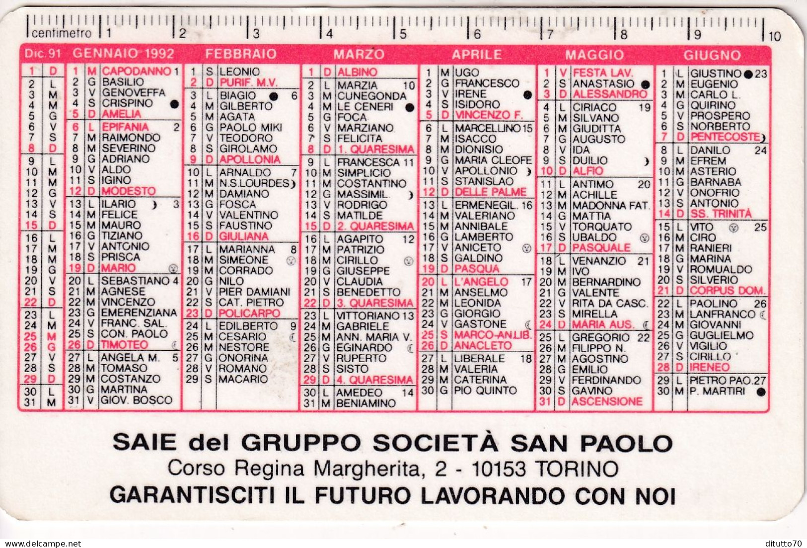 Calendarietto - SAIE - Del Gruppo Società San Paolo - Torino - Anno 1992 - Petit Format : 1991-00