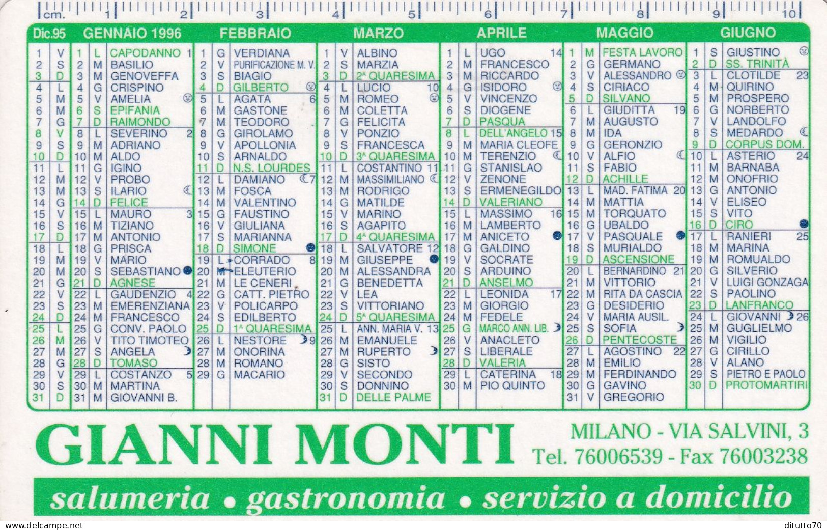 Calendarietto - Salumeria - Gianni Monti - Milano - Anno 1996 - Petit Format : 1991-00