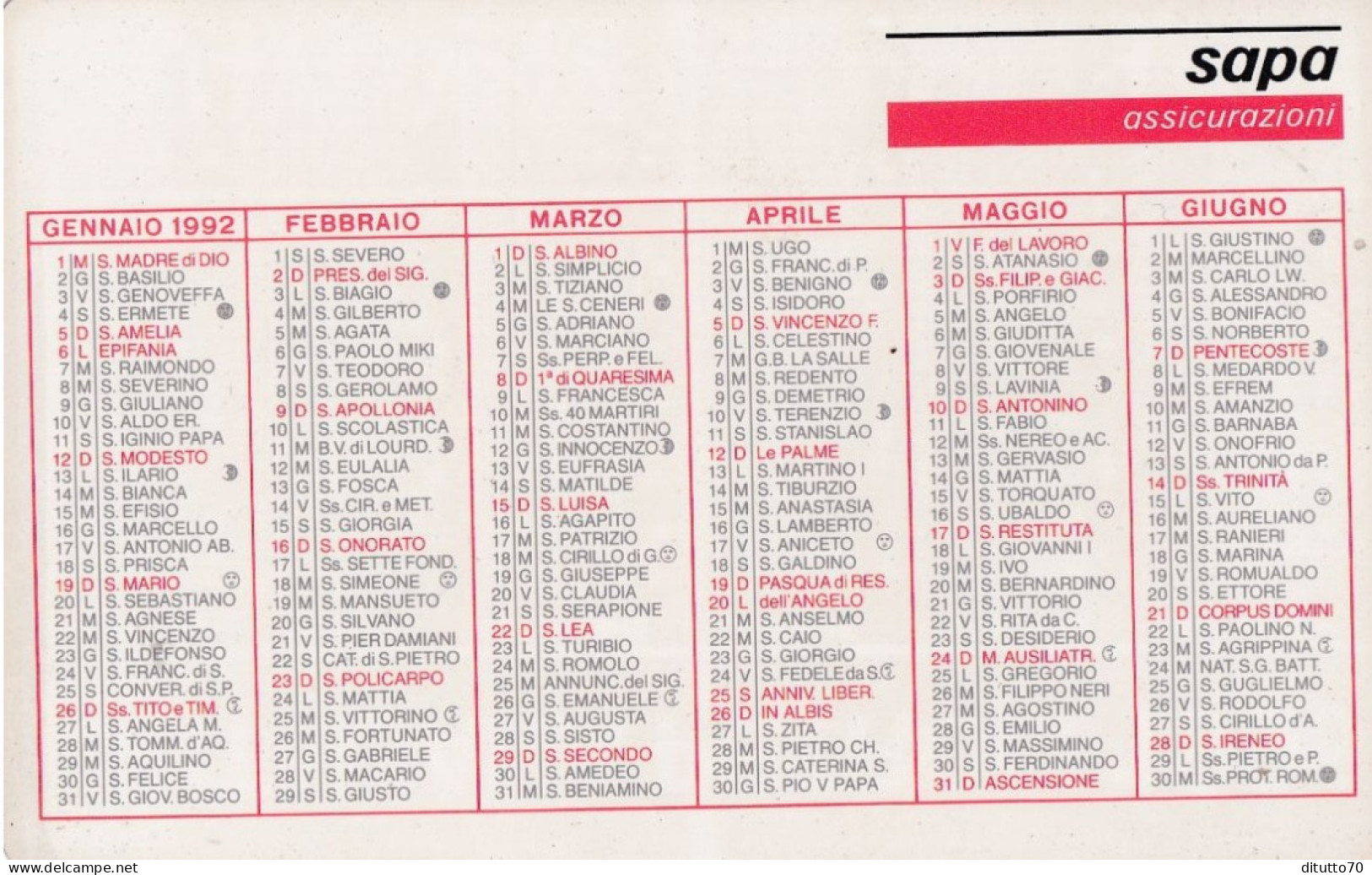 Calendarietto - SAPA - Assicurazioni - Anno 1992 - Petit Format : 1991-00