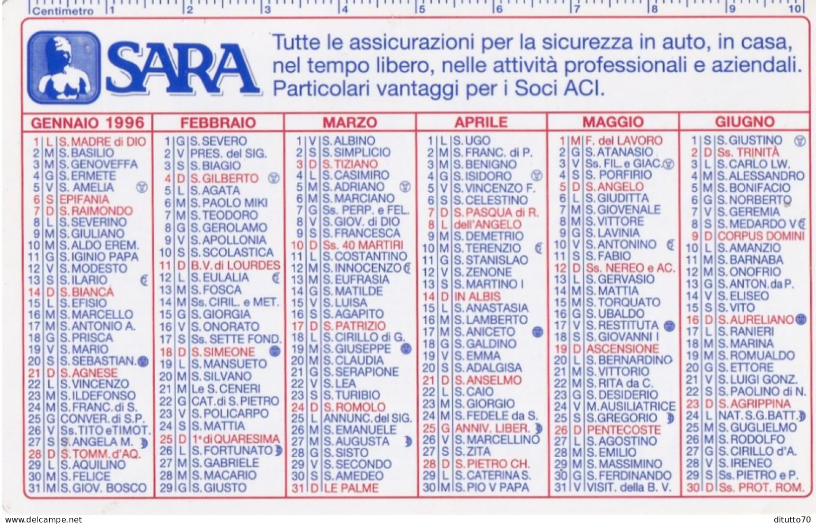 Calendarietto - SARA Assicurazioni - Anno 1996 - Petit Format : 1991-00