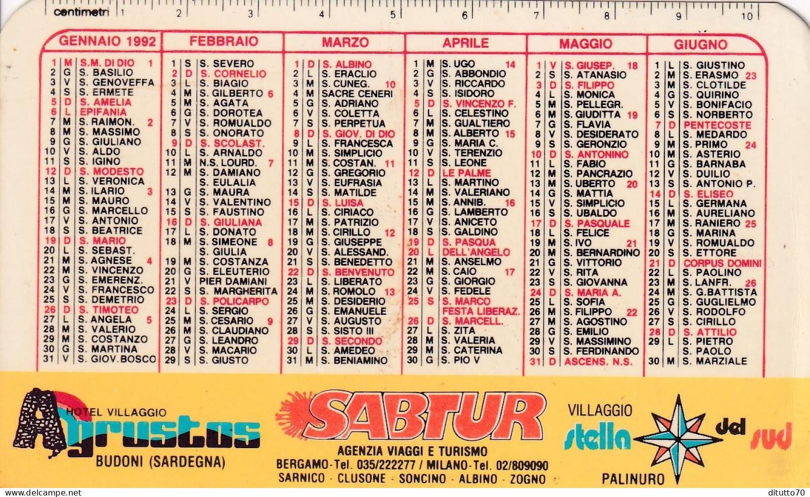 Calendarietto - Sarbtur - Agenzia Viaggi - Anno 1992 - Petit Format : 1991-00