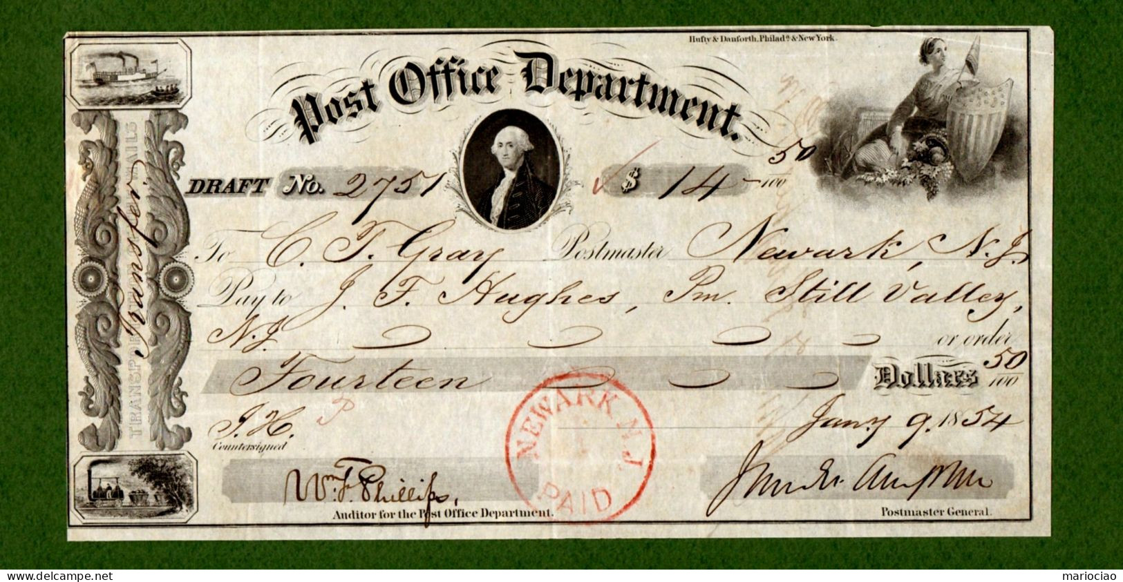 USA Draft Post Office Department NEWARK NJ 1854 Signed JM Campbell & WF Phillips EXTREMELY RARE - Autres & Non Classés