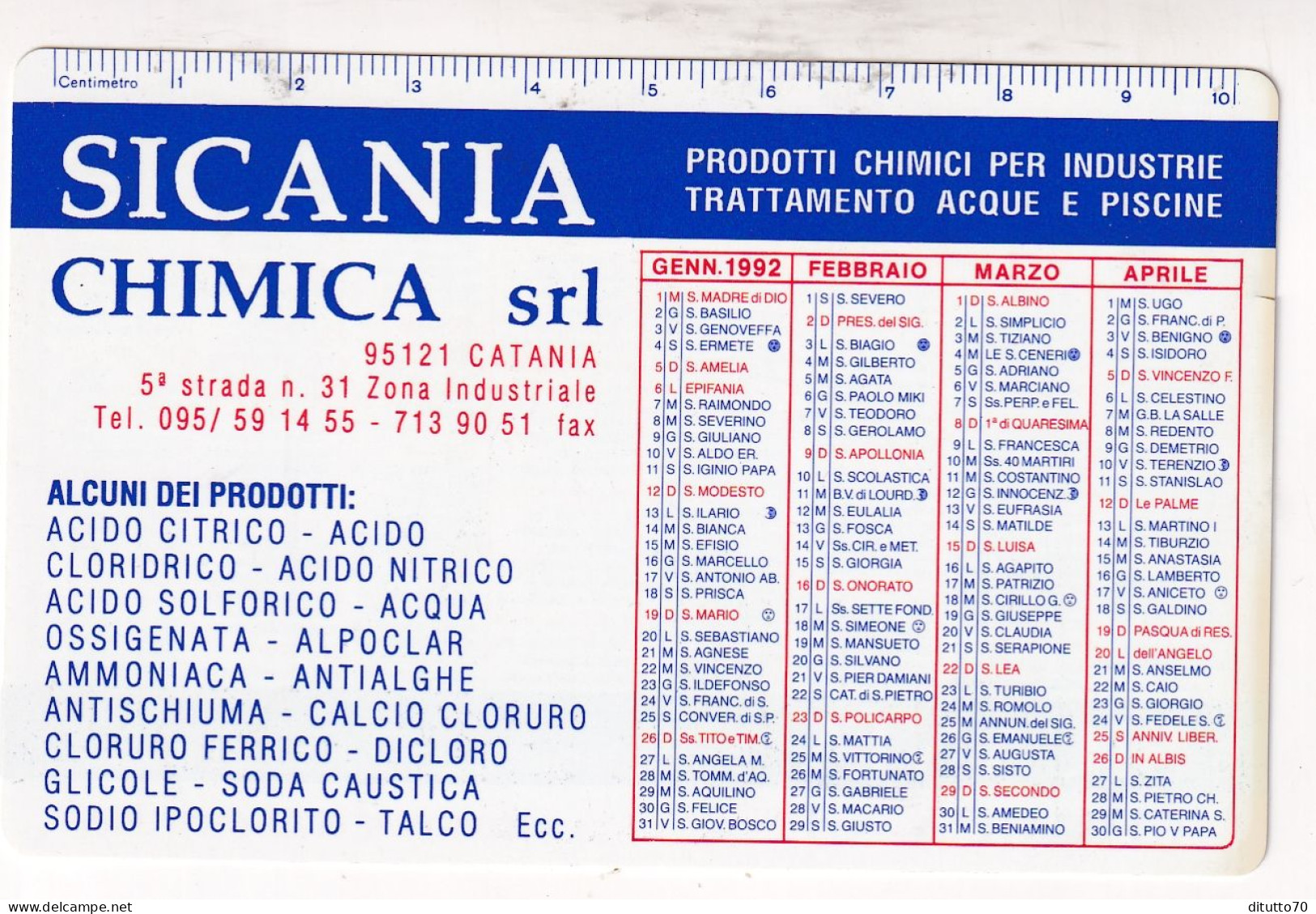 Calendarietto - Sicania - Prodotti Chimici - Catania - Anno 1992 - Petit Format : 1991-00