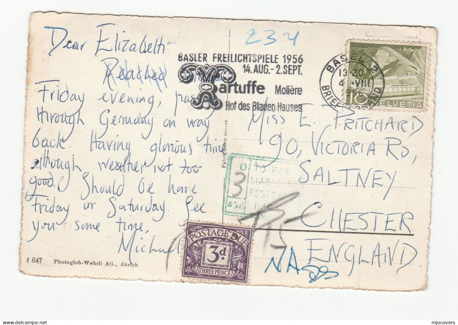 1956 POSTAGE DUE Saltney Chester GB From SWITZERLAND Basel OPEN AIR GAMES Slogan Cover Postcard Stamps - Portomarken