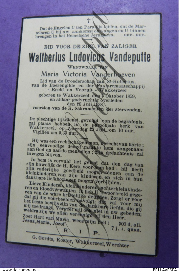 Waltherius VANDEPUTTE Echt Maria VANDERHOEVEN Wakkerzeel 1859-1938 - Todesanzeige