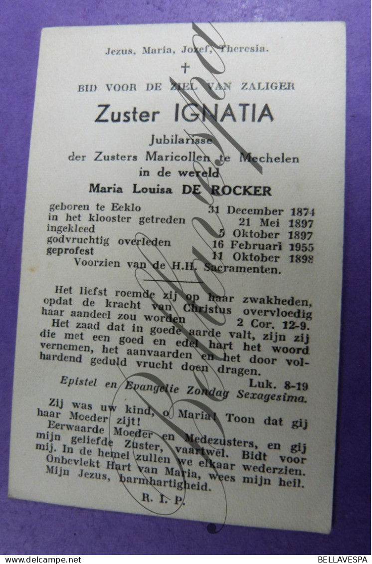 Zuster Ignatia Maria DE ROCKER Eeklo 1874- Zusters Maricollen Mechelen 1898 Geprofest - Andere & Zonder Classificatie