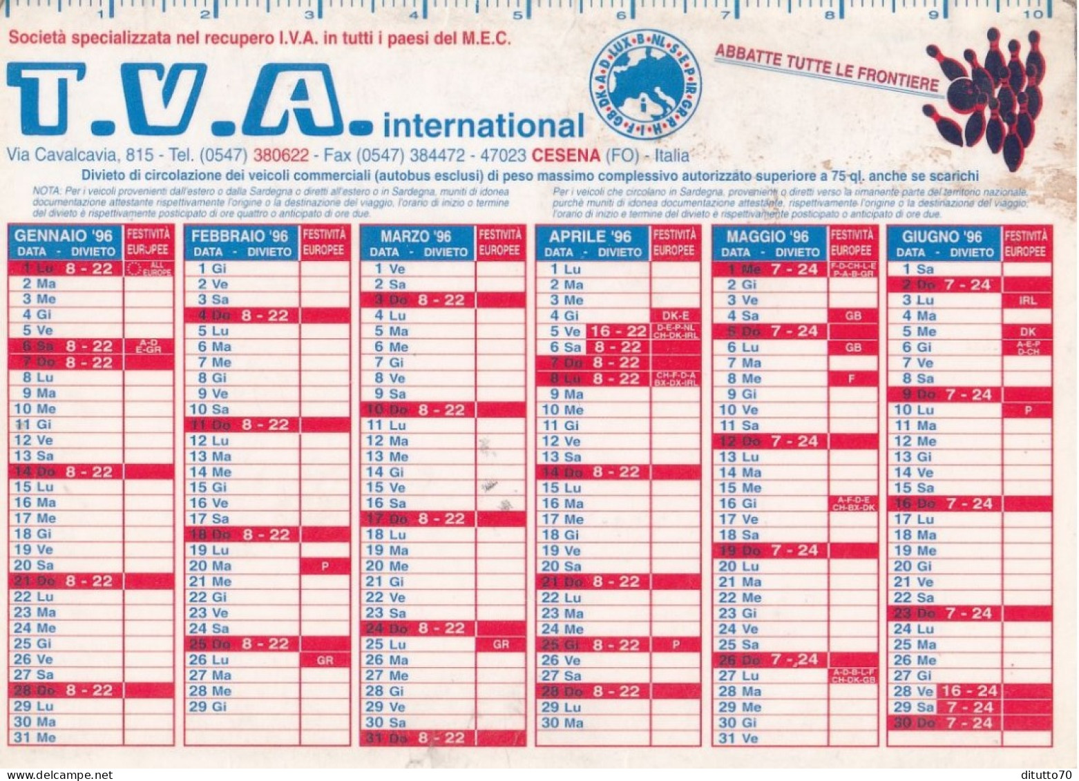 Calendarietto - T.V.A. - Internazional - Cesena - Anno 1996 - Petit Format : 1991-00