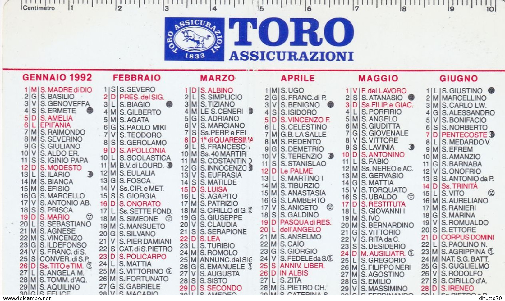 Calendarietto - TORO Assicurazioni - Anno 1992 - Petit Format : 1991-00