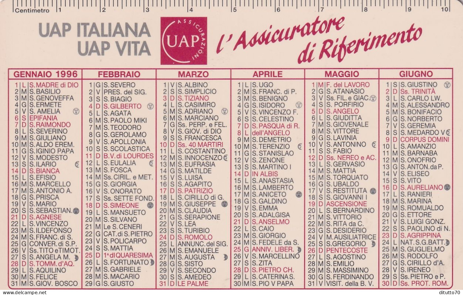 Calendarietto - UAP - Assicurazioni - Anno 1996 - Petit Format : 1991-00