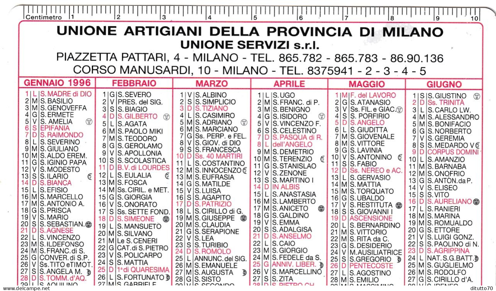 Calendarietto - Unione Artigiani Della Provincia Di Milano - Anno 1996 - Petit Format : 1991-00