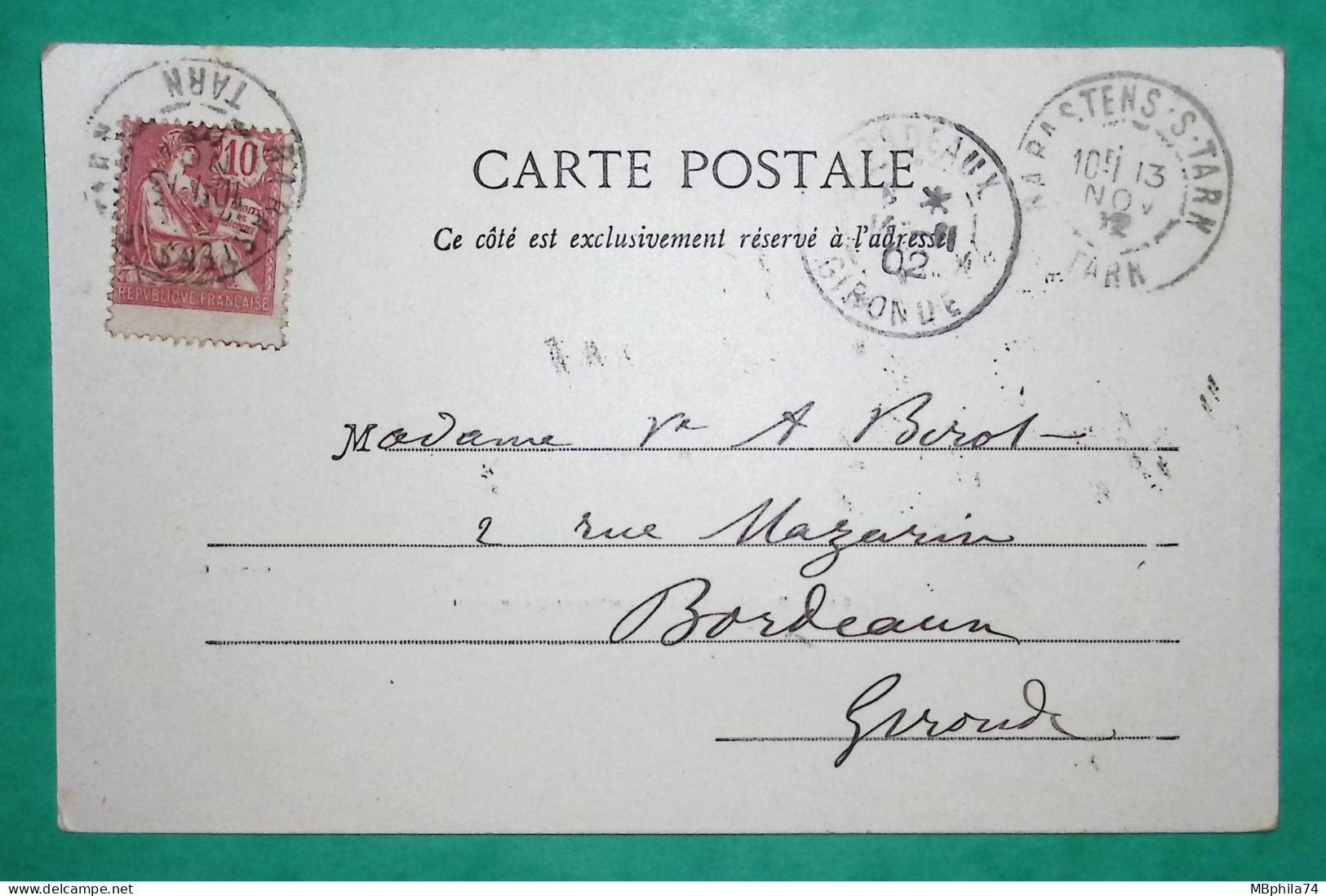 N°124 MOUCHON VARIETE PIQUAGE DECALE CARTE POSTALE RABASTENS TARN POUR BORDEAUX GIRONDE 1902 LETTRE COVER FRANCE - 1900-02 Mouchon