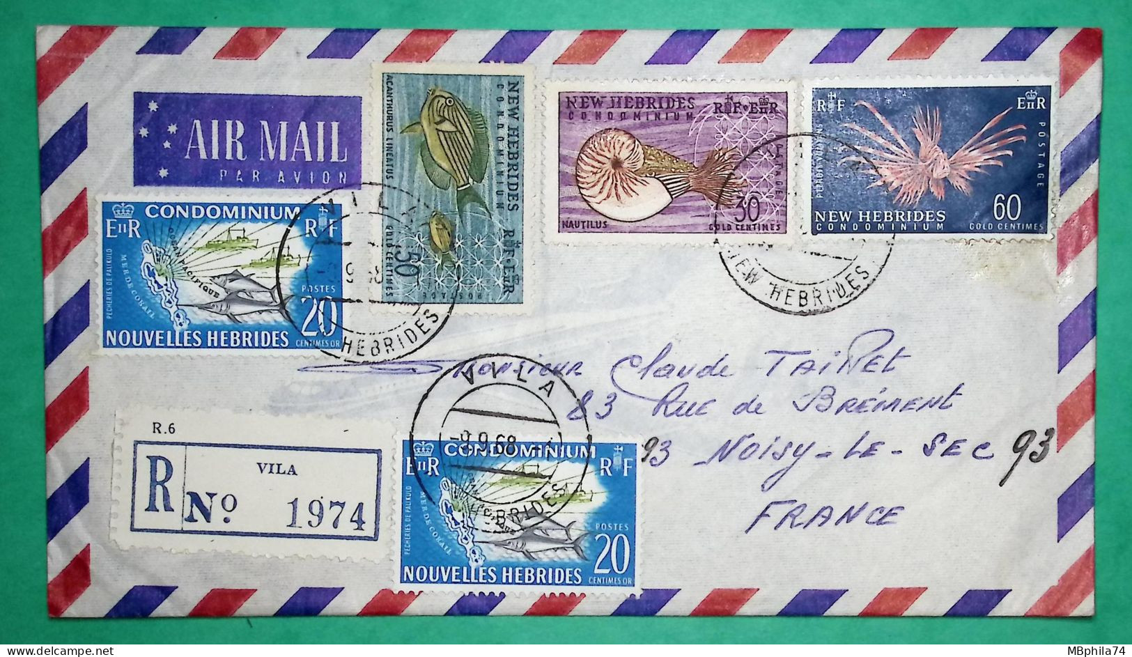 RECOMMANDE VILA NOUVELLES HEBRIDES NEW HEBRIDES PAR AVION AIR MAIL POUR NOISY LE SEC FRANCE 1968 LETTRE COVER FRANCE - Brieven En Documenten