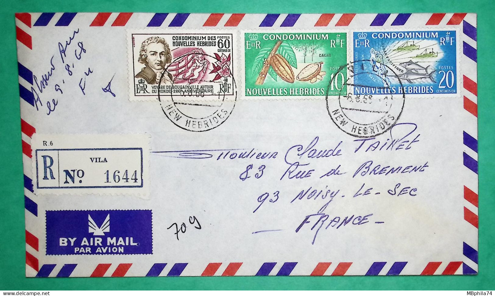 RECOMMANDE VILA NOUVELLES HEBRIDES NEW HEBRIDES PAR AVION AIR MAIL POUR NOISY LE SEC FRANCE 1968 LETTRE COVER FRANCE - Covers & Documents