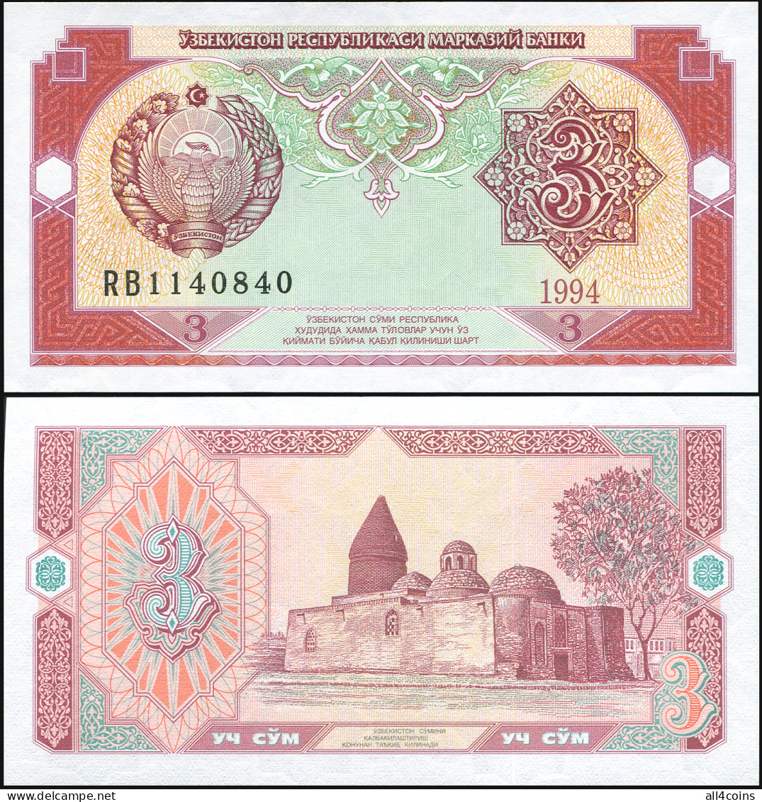 Uzbekistan 3 Som. 1994 Paper Unc. Banknote Cat# P.74a - Uzbekistán