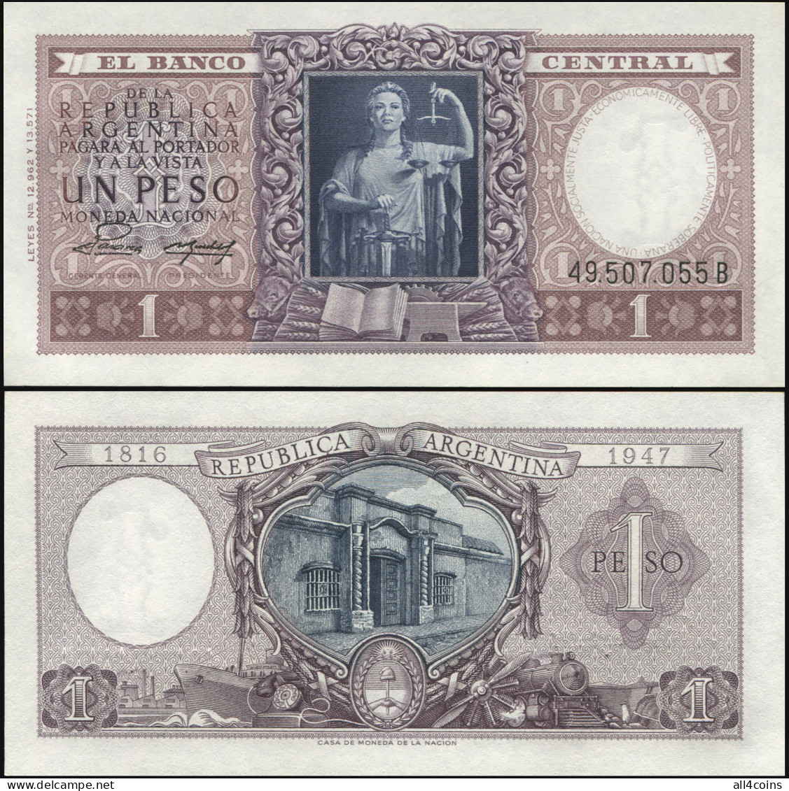 Argentina 1 Peso. ND (1952) Unc. Banknote Cat# P.260b [Serie A] - Argentinien