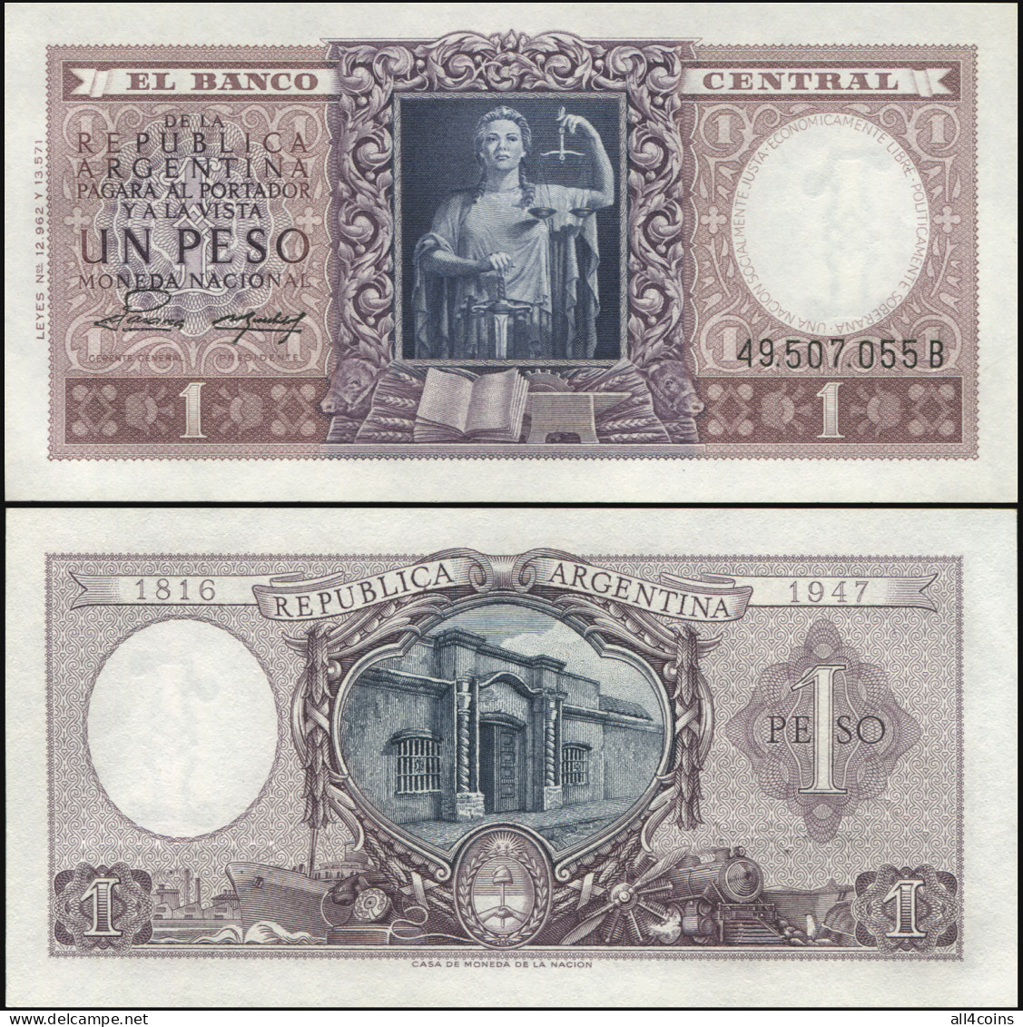 Argentina 1 Peso. ND (1952) Unc. Banknote Cat# P.260b [Serie A] - Argentina