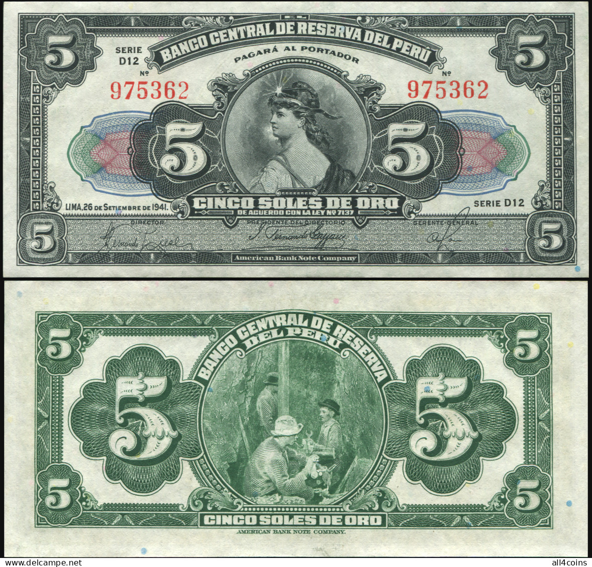 Peru 5 Soles De Oro. 26.09.1941 Paper Unc. Banknote Cat# P.66Aa - Peru