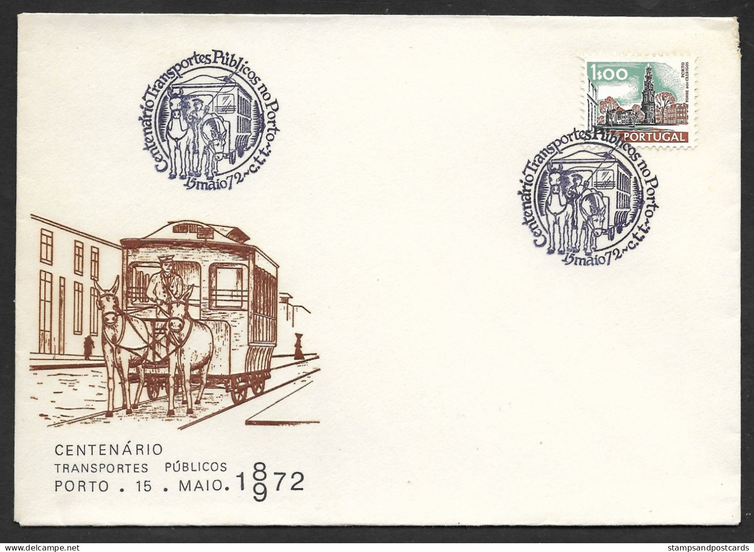 Portugal Cachet Commémoratif Centenaire Tramway Hippomobile Porto Tram Cheval 1972 Event Pmk Horsecar Horse-drawn Tram - Tram