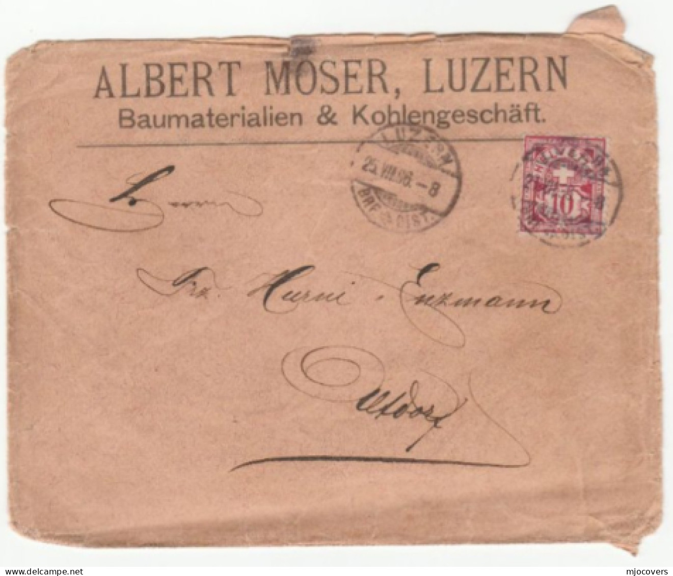 1896 Moser COAL Business COVER Luzern SWITZERLAND To Altdorf Energy Stamps - Other & Unclassified