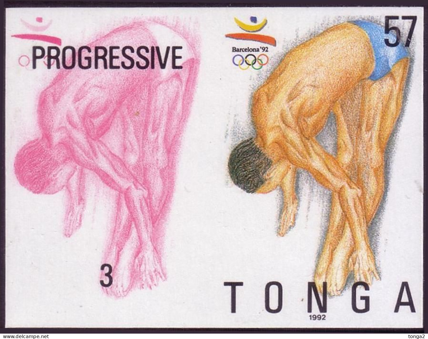 Tonga 1992 Diving -  Imperf Plate Proof Pair Showing Stage In Color Printing - Plongée