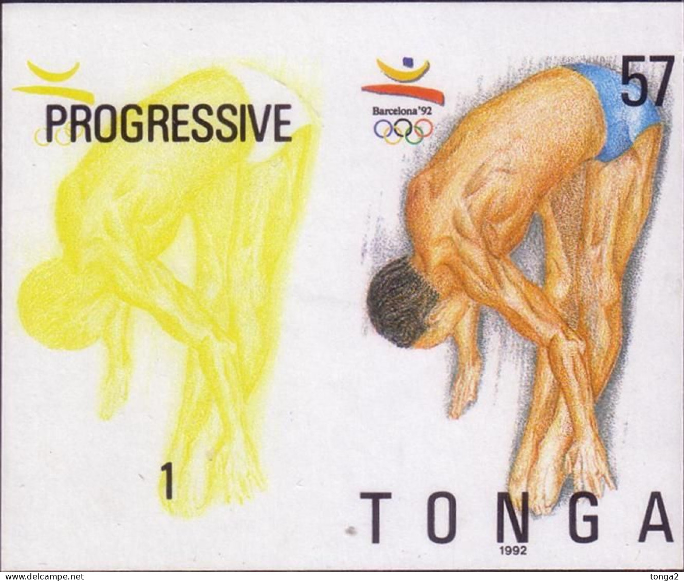 Tonga 1992 Diving -  Imperf Plate Proof Pair Showing Stage In Color Printing - Plongée