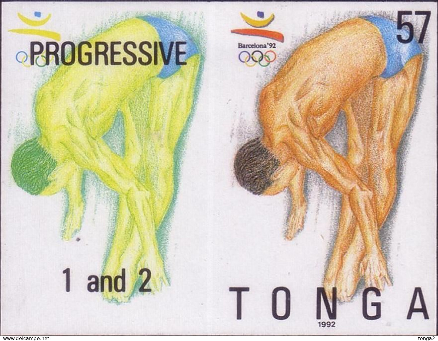 Tonga 1992 Diving -  Imperf Plate Proof Pair Showing Stage In Color Printing - Diving