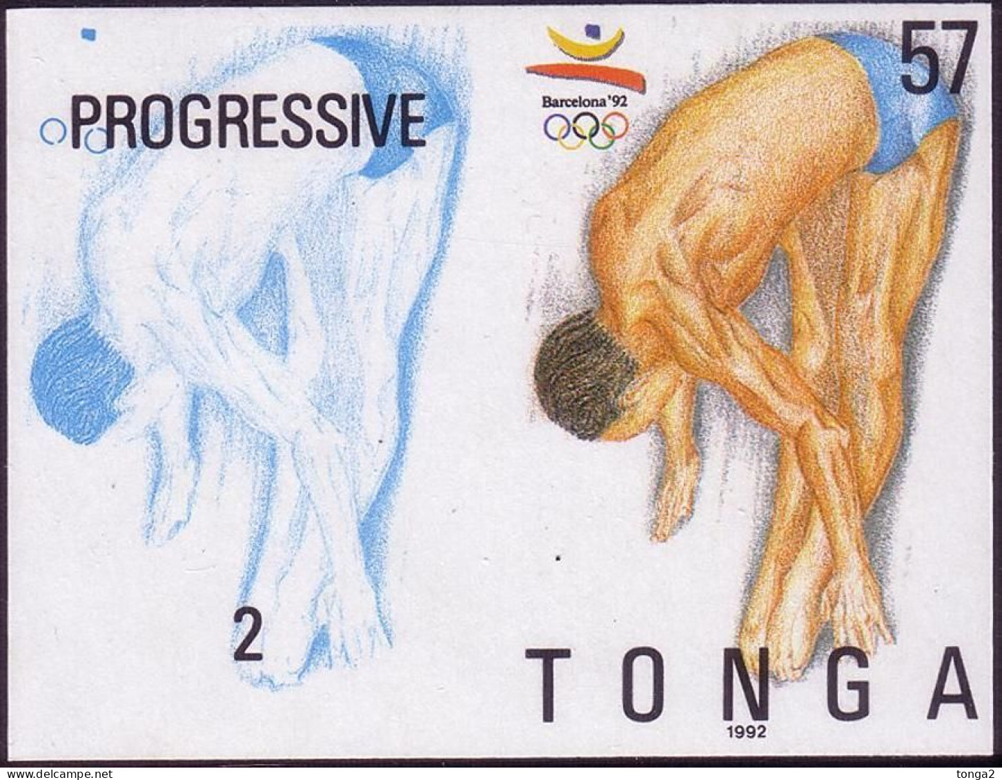 Tonga 1992 Diving -  Imperf Plate Proof Pair Showing Stage In Color Printing - Diving