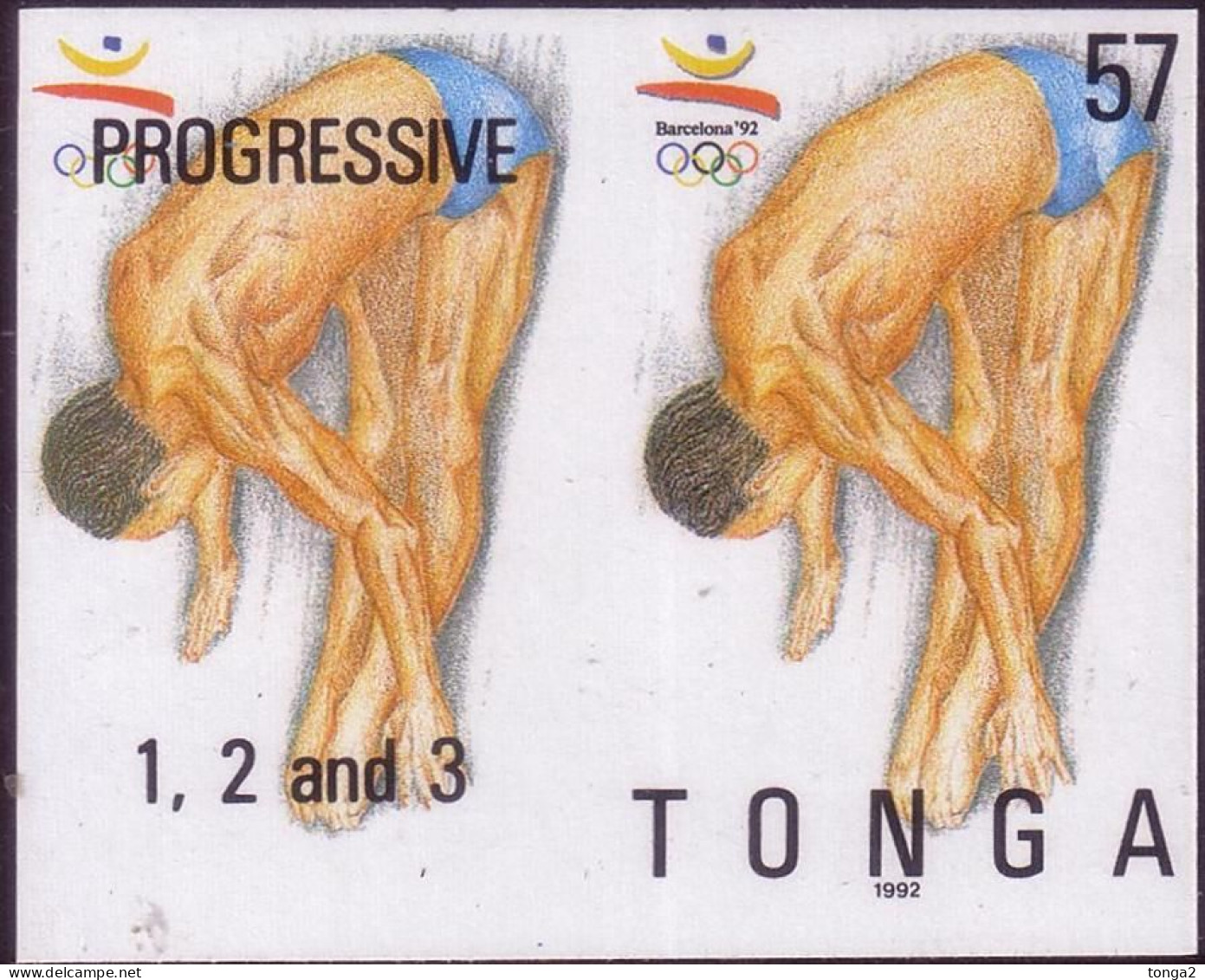 Tonga 1992 Olympic Diving -  Imperf Plate Proof Pair Showing Stage In Color Printing - Ete 1992: Barcelone