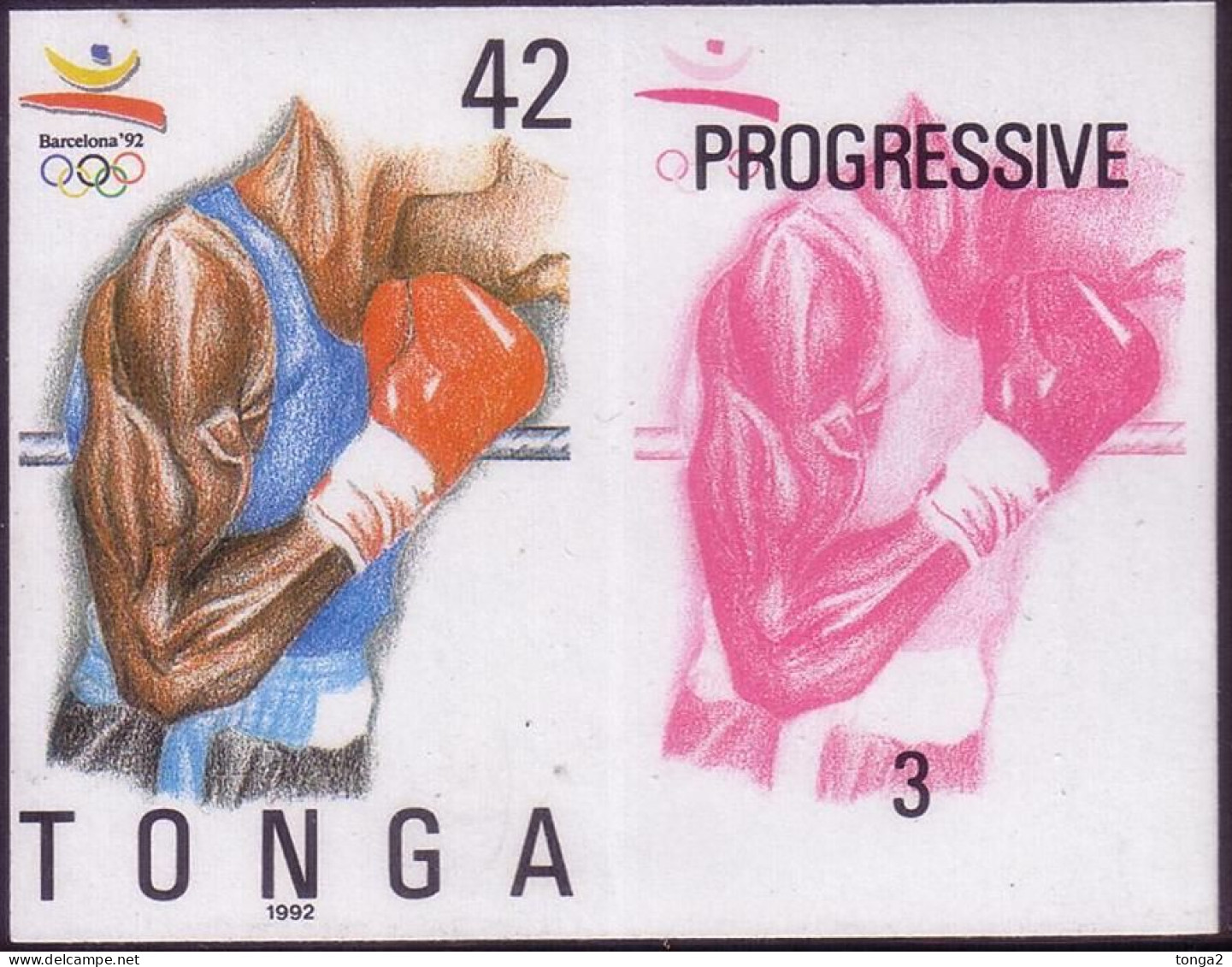 Tonga 1992 Olympic Boxing -  Imperf Plate Proof Pair Showing Stage In Color Printing - Zomer 1992: Barcelona