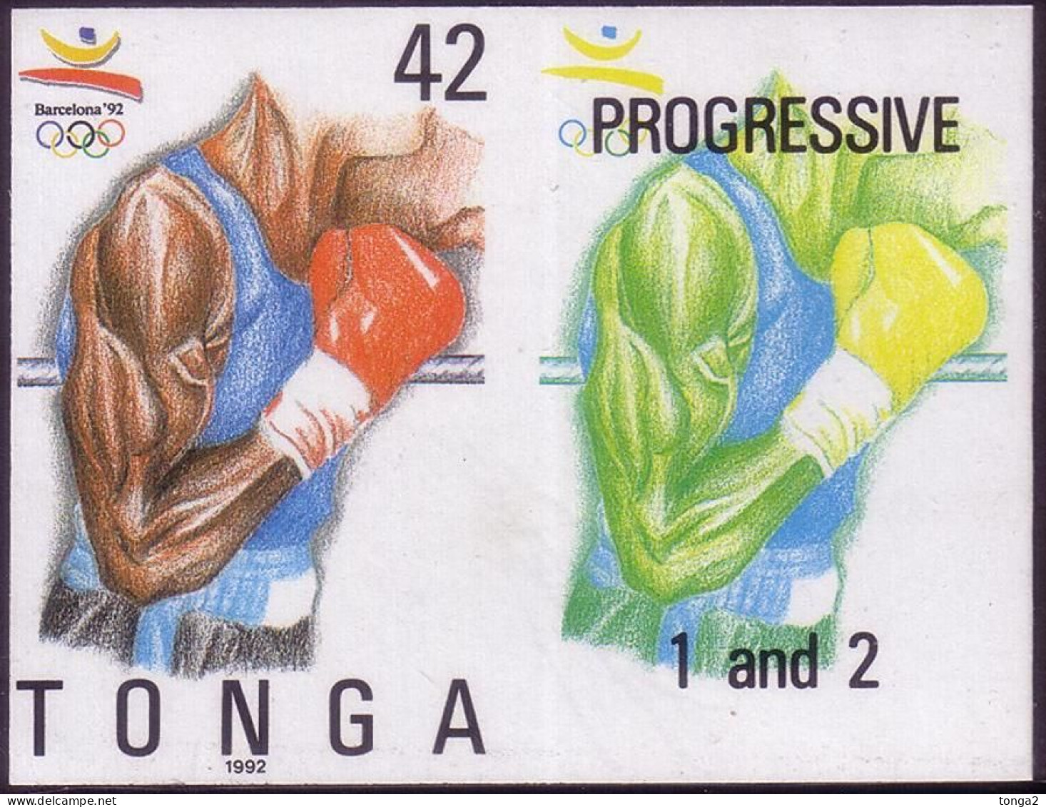 Tonga 1992 Olympic Boxing -  Imperf Plate Proof Pair Showing Stage In Color Printing - Ete 1992: Barcelone