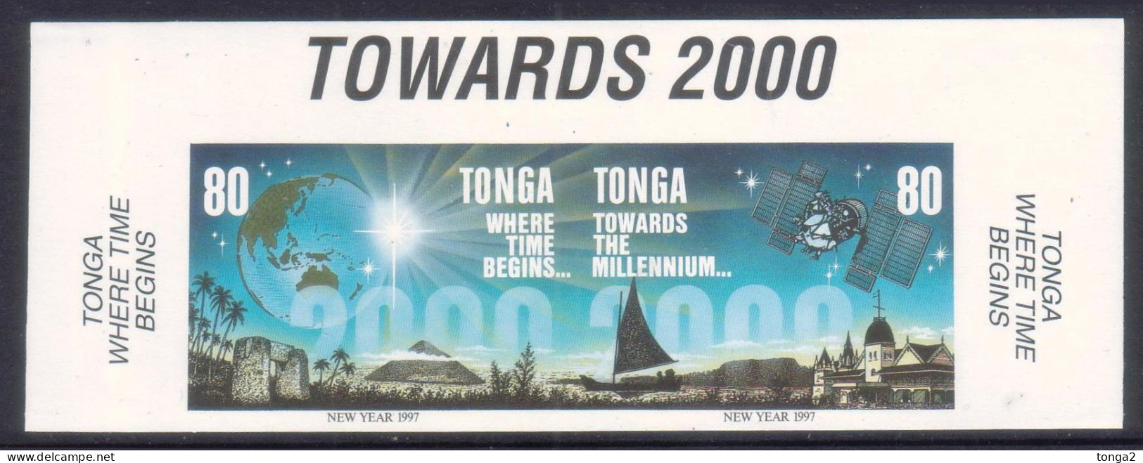 Tonga 1996 Towards 2000 Imperf Plate Proof Strip Pyramid Map Globe Trilithon - Only 12 Like This Exist - Oceanië