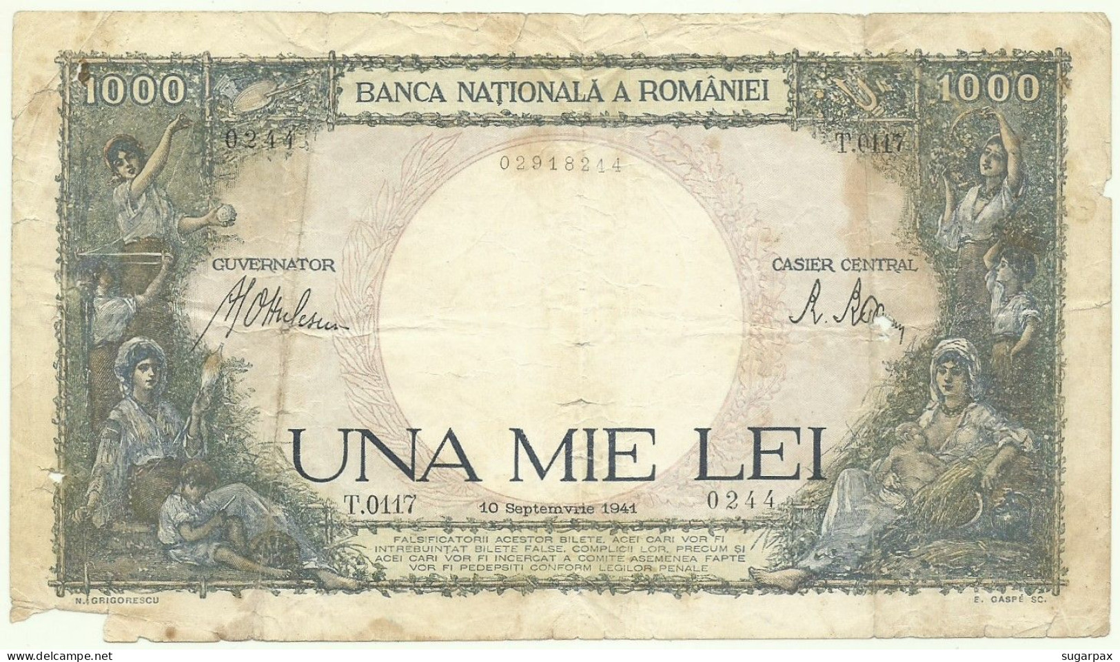 ROMANIA - 1000 Lei - 10.9.1941 - Pick: 52 - ( 182 X 104 ) Mm - Série T.0117 - 1.000 - Roemenië