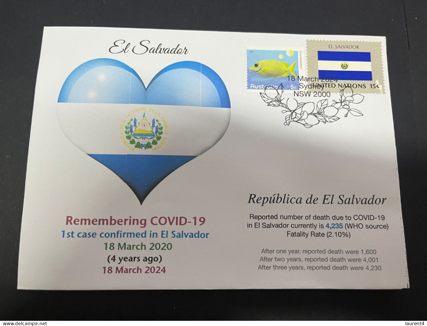 18-3-2024 (3 Y 23) COVID-19 4th Anniversary - El Salvador - 18 March 2024 (with El Salvador UN Flag Stamp) - Malattie