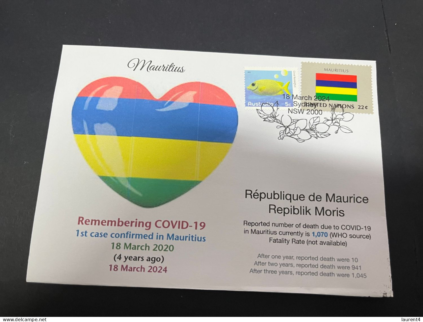 18-3-2024 (3 Y 23) COVID-19 4th Anniversary - Mauritius - 18 March 2024 (with Mauritius UN Flag Stamp) - Malattie