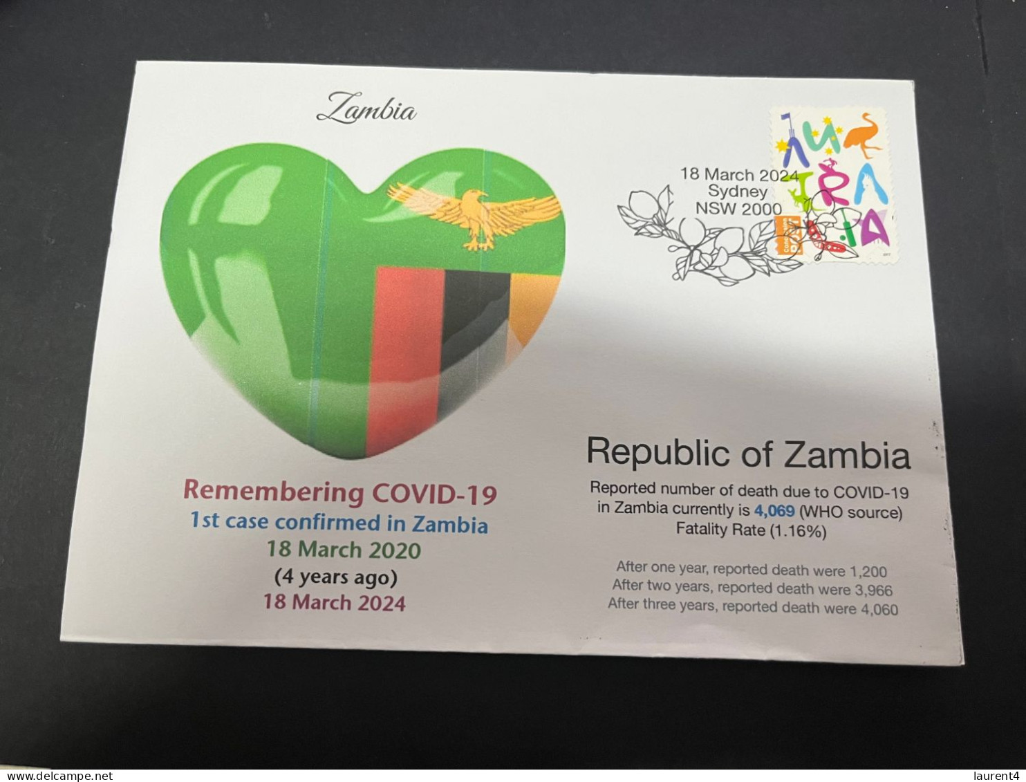 18-3-2024 (3 Y 23) COVID-19 4th Anniversary - Zambia 18 March 2024 (with OZ Stamp) - Maladies