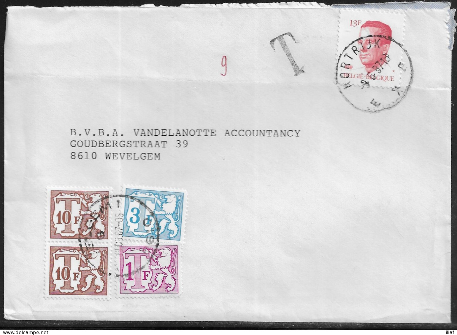 Belgium. Stamps Sc.1092, J62, J64, J77 On Commercial Letter, Taxed - Postage Due Stamps, Sent From Kortrijk On 9.06.1987 - Lettres & Documents