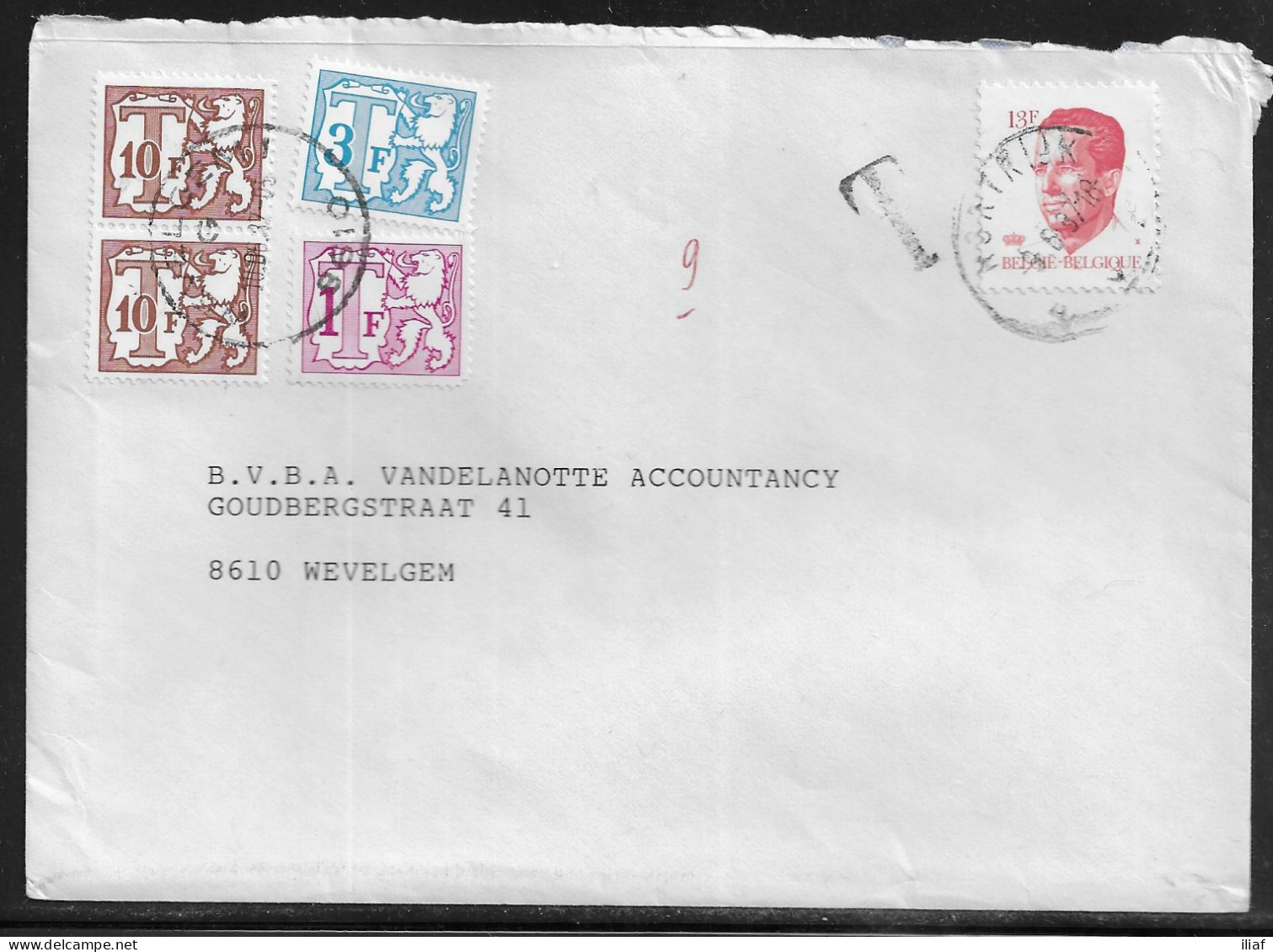 Belgium. Stamps Sc.1092, J62, J64, J77 On Commercial Letter, Taxed - Postage Due Stamps, Sent From Kortrijk On 8.06.1987 - Brieven En Documenten