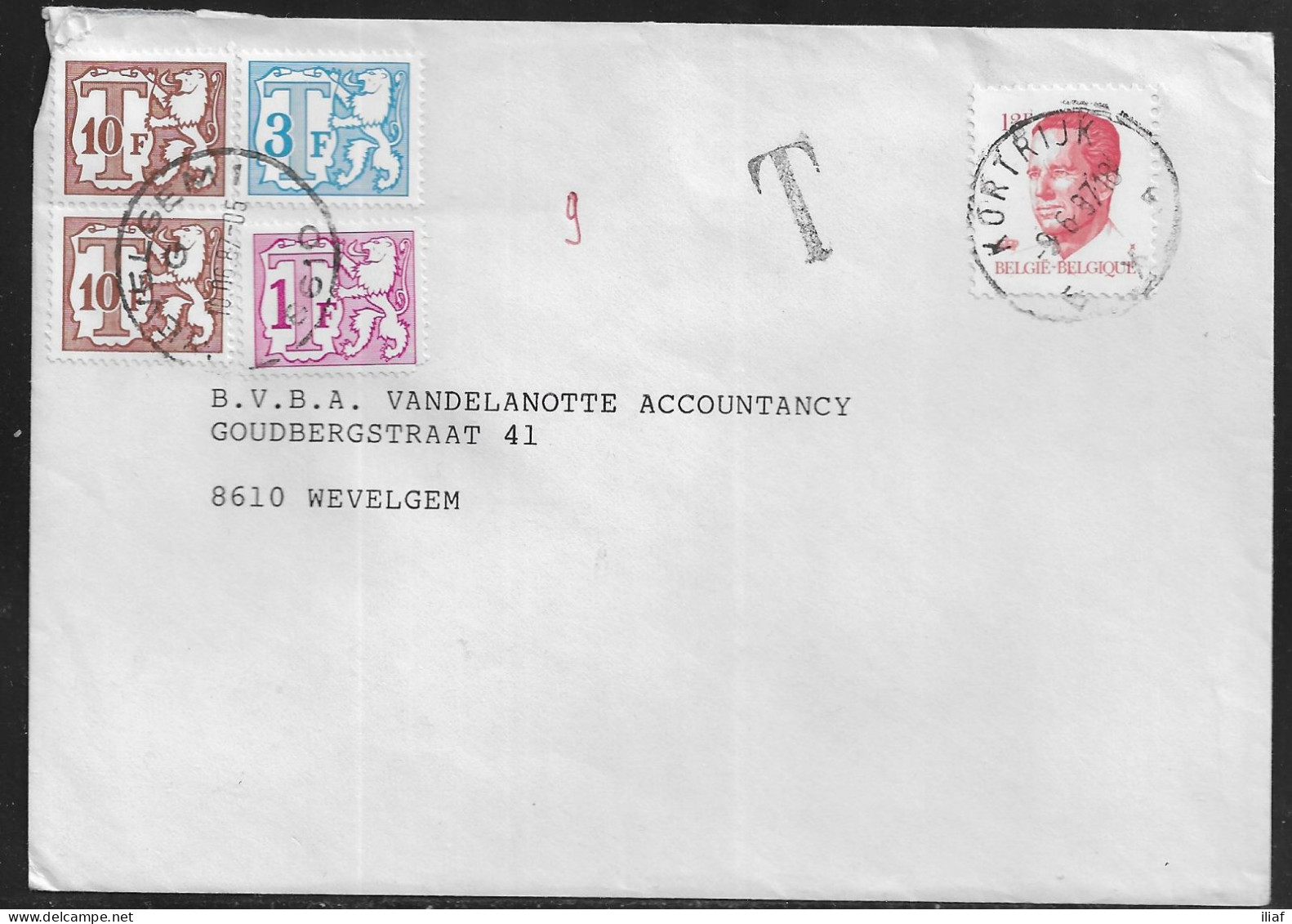Belgium. Stamps Sc.1092, J62, J64, J77 On Commercial Letter, Taxed - Postage Due Stamps, Sent From Kortrijk On 8.06.1987 - Brieven En Documenten