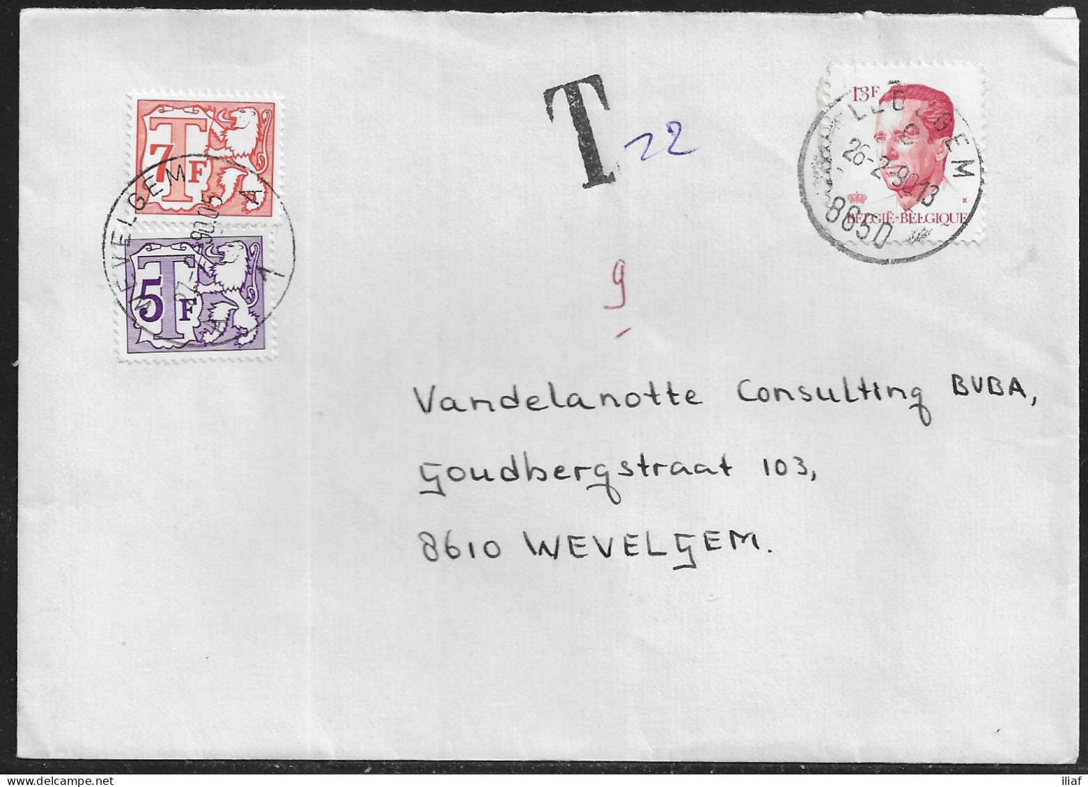 Belgium. Stamps Sc. 1092, J73, J74 On Commercial Letter, Taxed - Postage Due Stamps, Sent From Winkel On 26.02.1990 - Covers & Documents